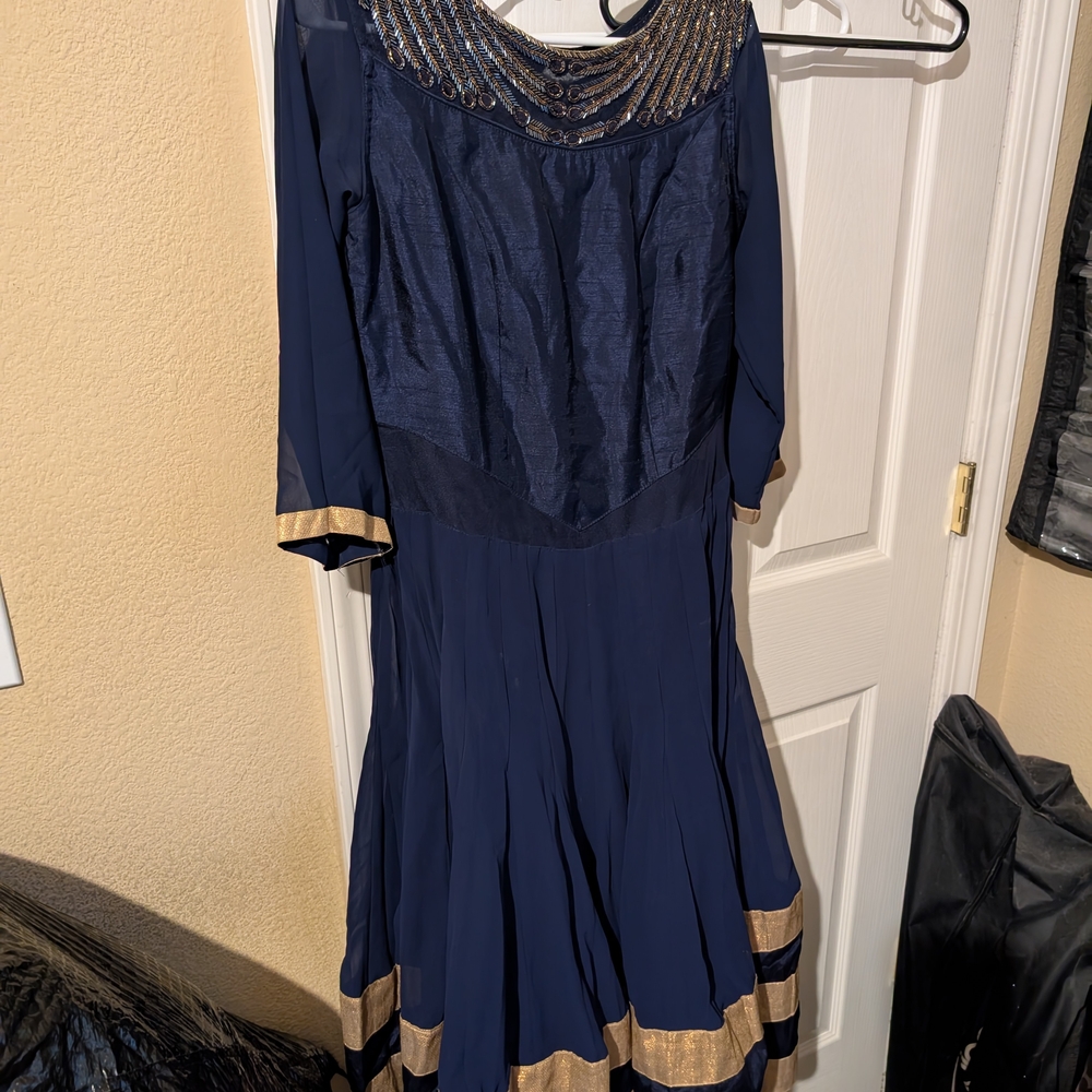 Blue and Gold Pleated Sundress with Cowl Neck